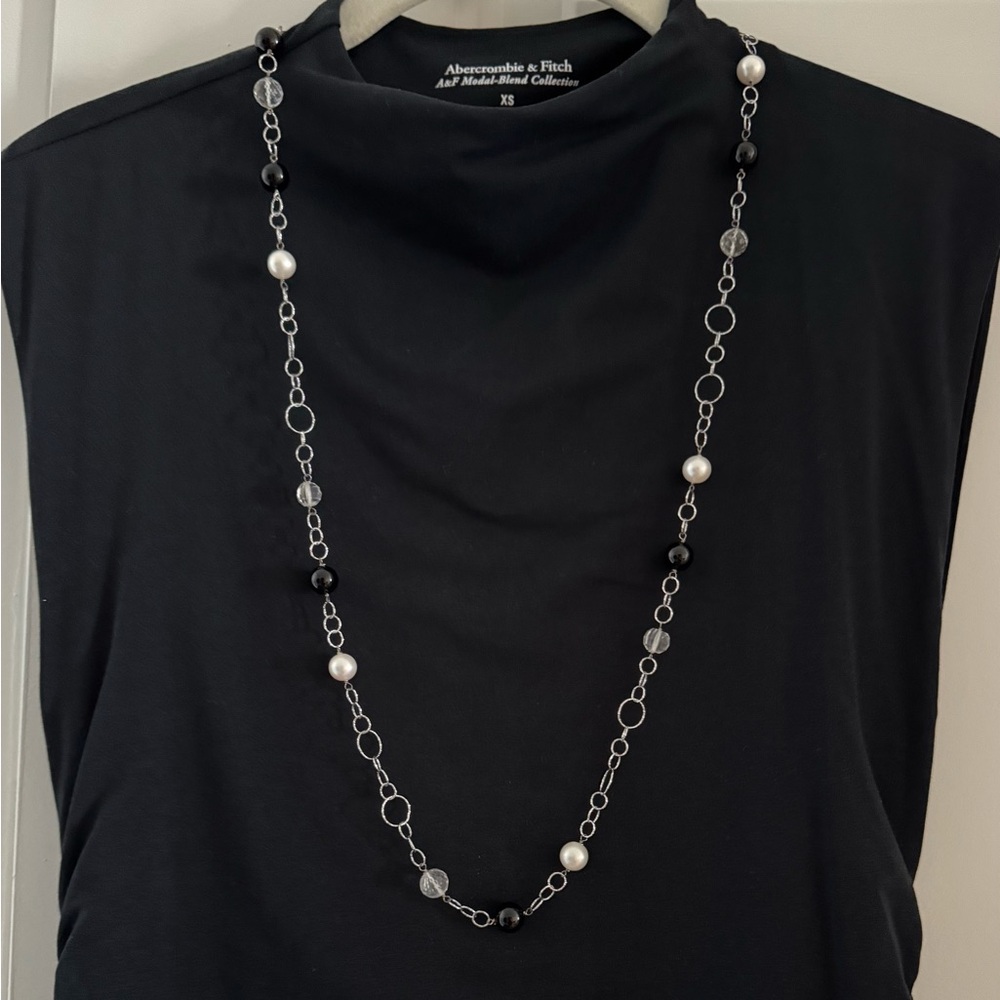 Stylish Handcrafted Silver Necklace with Black, White, and Crystal Beading